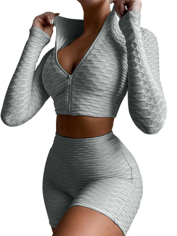 Gray textured athleisure set with zip-up crop top and shorts