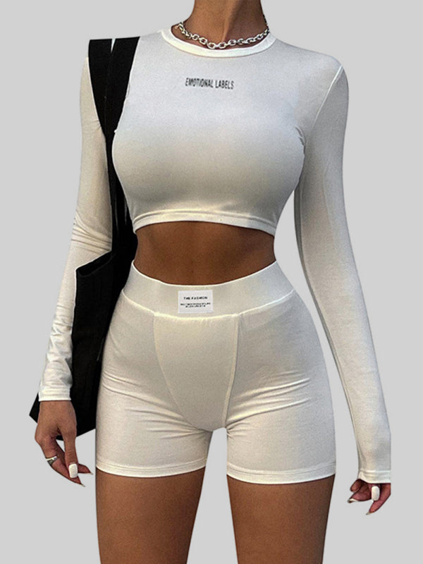 Ensemble deux pièces tricoté à manches longues et short pour femme, col rond