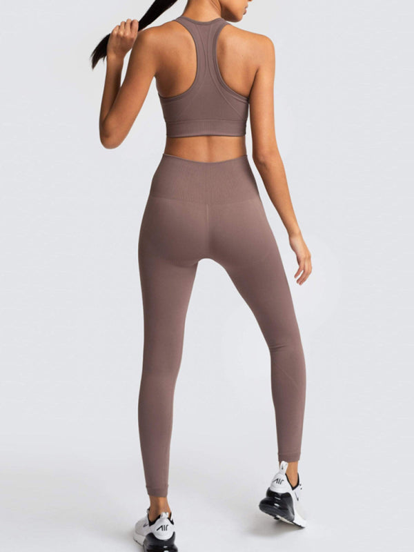 Ensemble deux pièces pour femmes, joli dos, taille haute, hanche pêche, gilet tricoté sans couture, pantalon, ensemble deux pièces