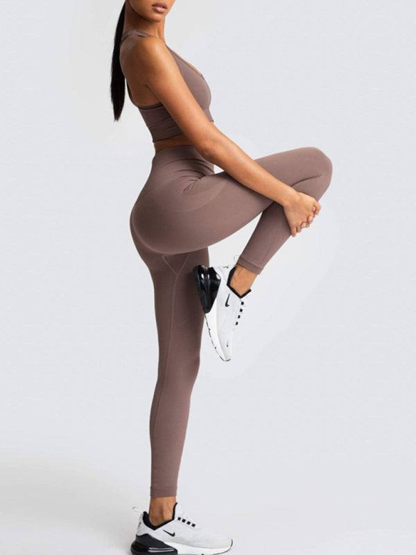 Ensemble deux pièces pour femmes, joli dos, taille haute, hanche pêche, gilet tricoté sans couture, pantalon, ensemble deux pièces