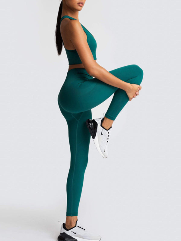 Ensemble deux pièces pour femmes, joli dos, taille haute, hanche pêche, gilet tricoté sans couture, pantalon, ensemble deux pièces