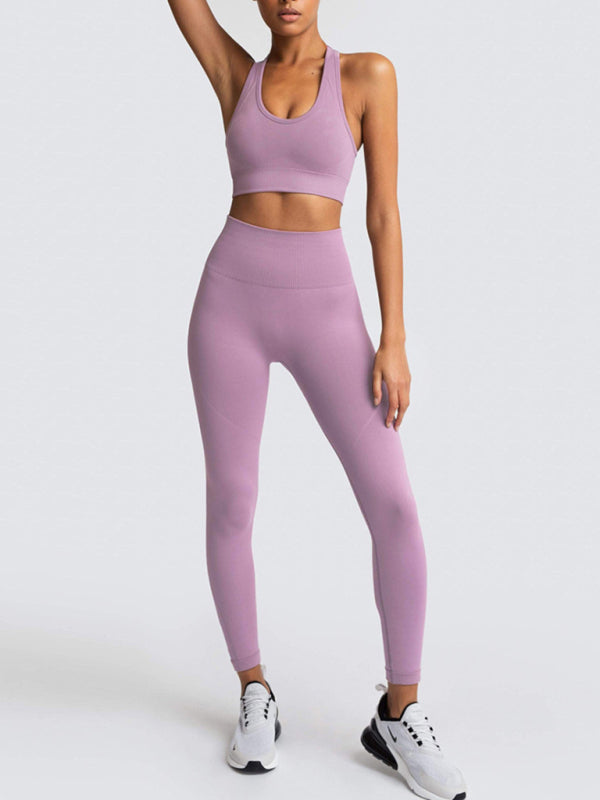 Ensemble deux pièces pour femmes, joli dos, taille haute, hanche pêche, gilet tricoté sans couture, pantalon, ensemble deux pièces