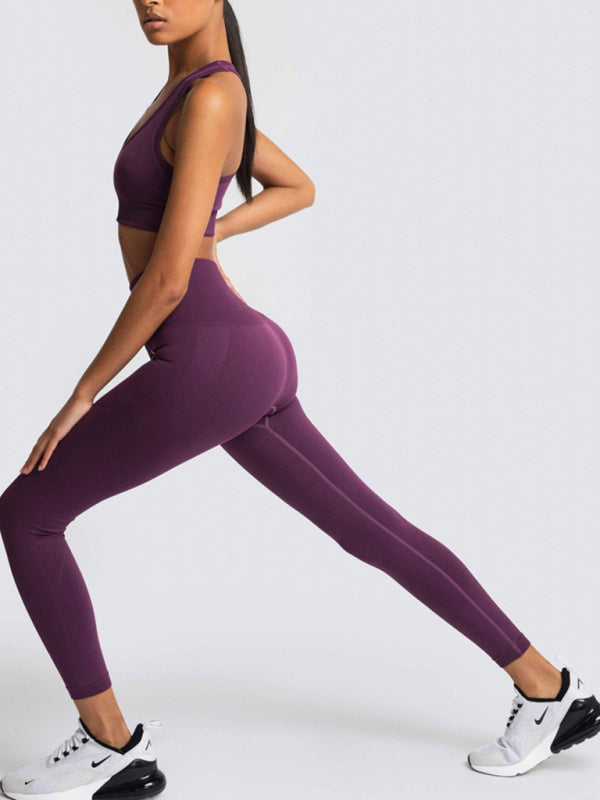 Ensemble deux pièces pour femmes, joli dos, taille haute, hanche pêche, gilet tricoté sans couture, pantalon, ensemble deux pièces