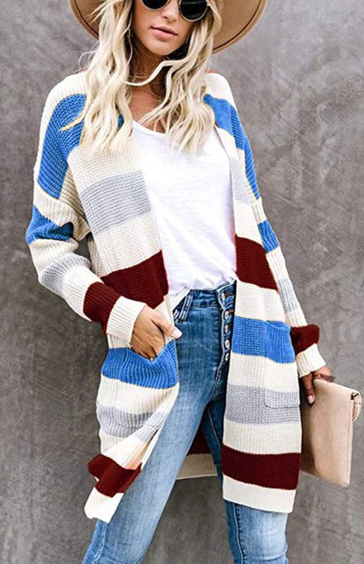Ladies Casual Fashion Striped Contrast Knit Cardigan