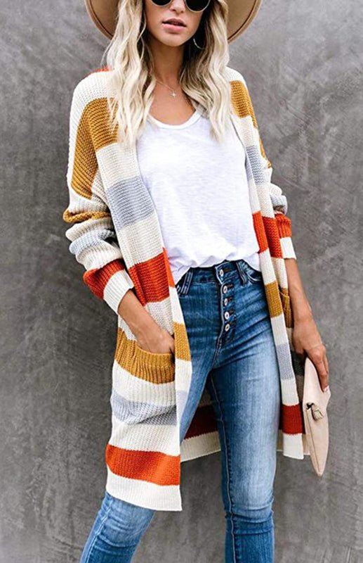 Ladies Casual Fashion Striped Contrast Knit Cardigan
