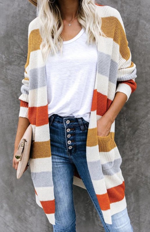Ladies Casual Fashion Striped Contrast Knit Cardigan