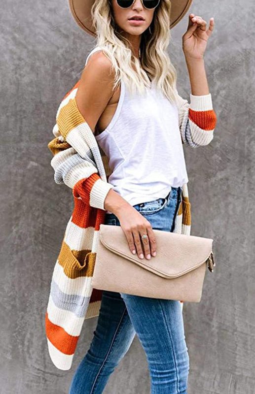 Ladies Casual Fashion Striped Contrast Knit Cardigan
