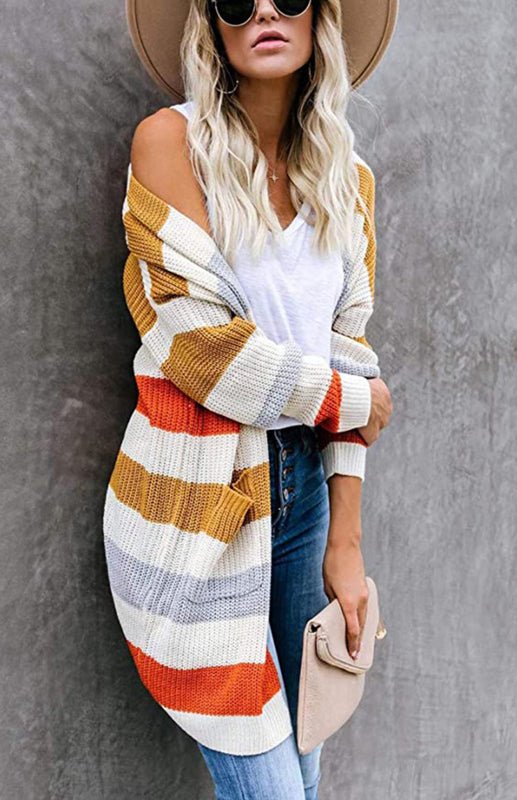 Ladies Casual Fashion Striped Contrast Knit Cardigan