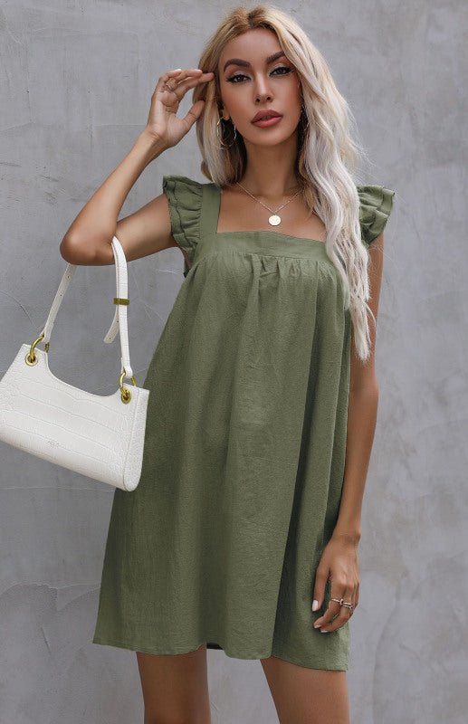 Loses Damenkleid mit kurzem Rock und Rüschenweste aus Baumwollleinen