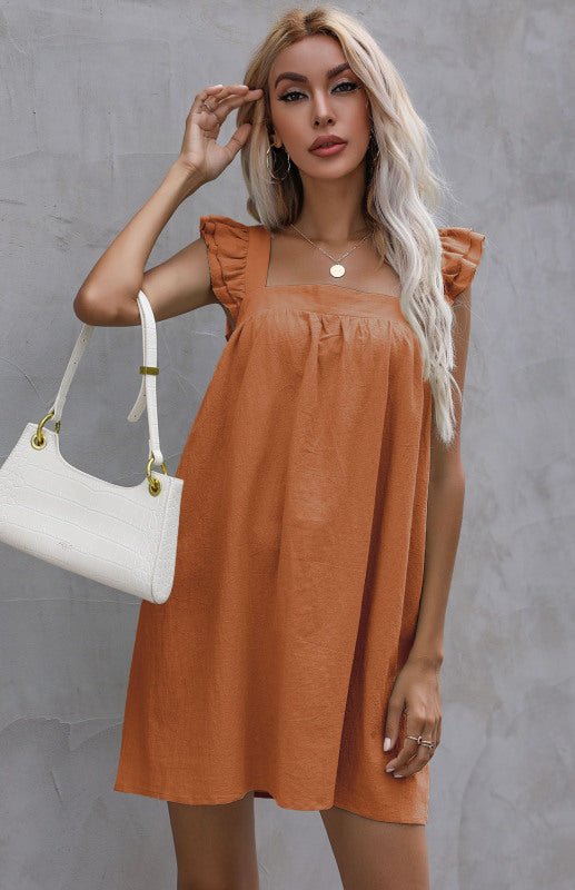 Loses Damenkleid mit kurzem Rock und Rüschenweste aus Baumwollleinen