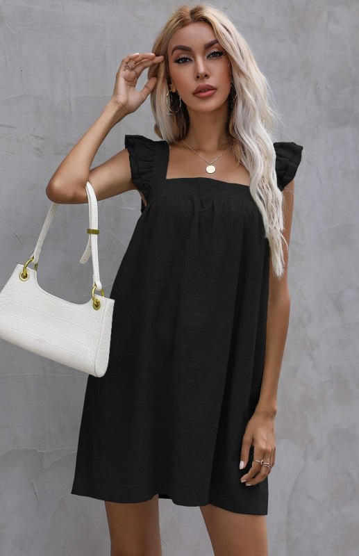 Loses Damenkleid mit kurzem Rock und Rüschenweste aus Baumwollleinen