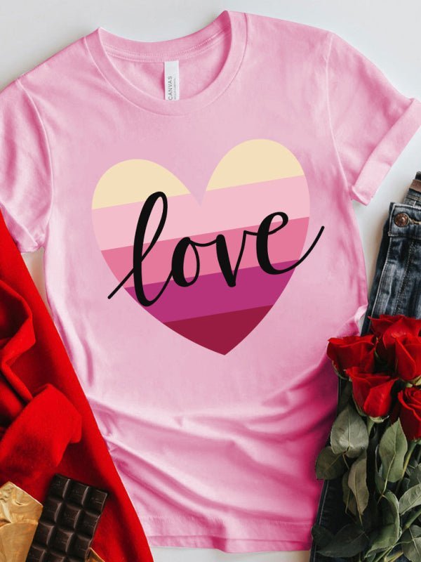 T-Shirt-Oberteil mit Farbverlaufsherz-LOVE-Aufdruck zum Muttertag und zum Valentinstag