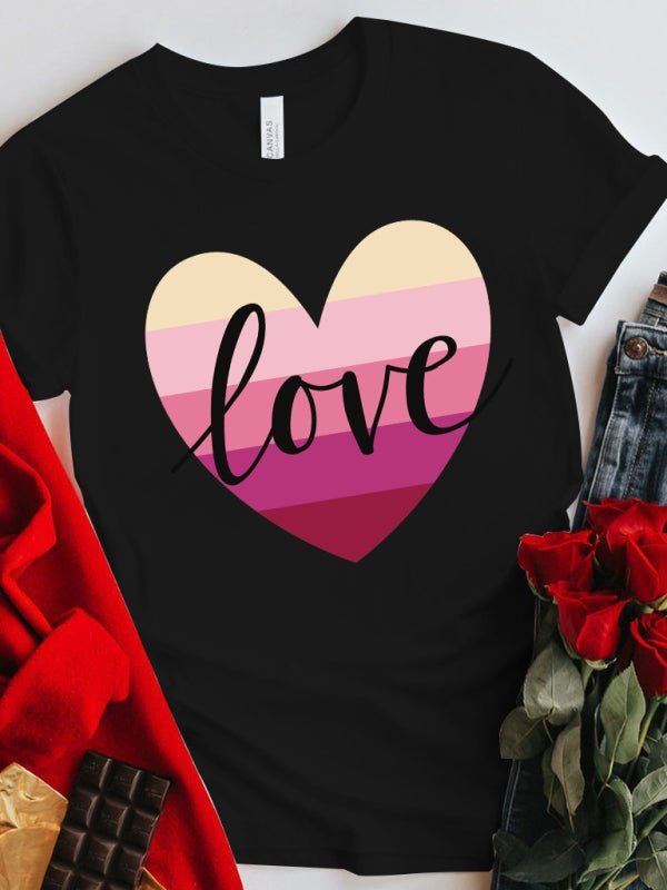 T-Shirt-Oberteil mit Farbverlaufsherz-LOVE-Aufdruck zum Muttertag und zum Valentinstag