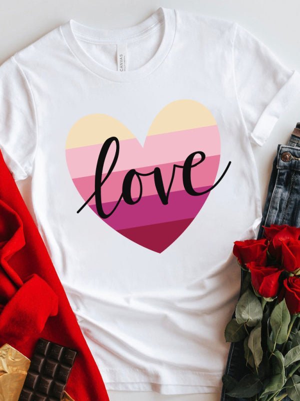 T-Shirt-Oberteil mit Farbverlaufsherz-LOVE-Aufdruck zum Muttertag und zum Valentinstag