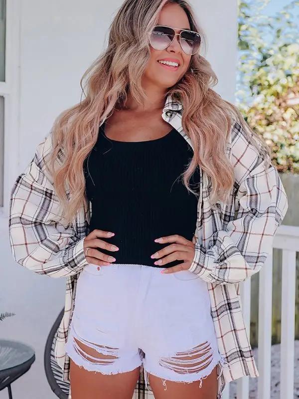 New checkered long-sleeved shirt Hip-covering loose cardigan All-match shirt