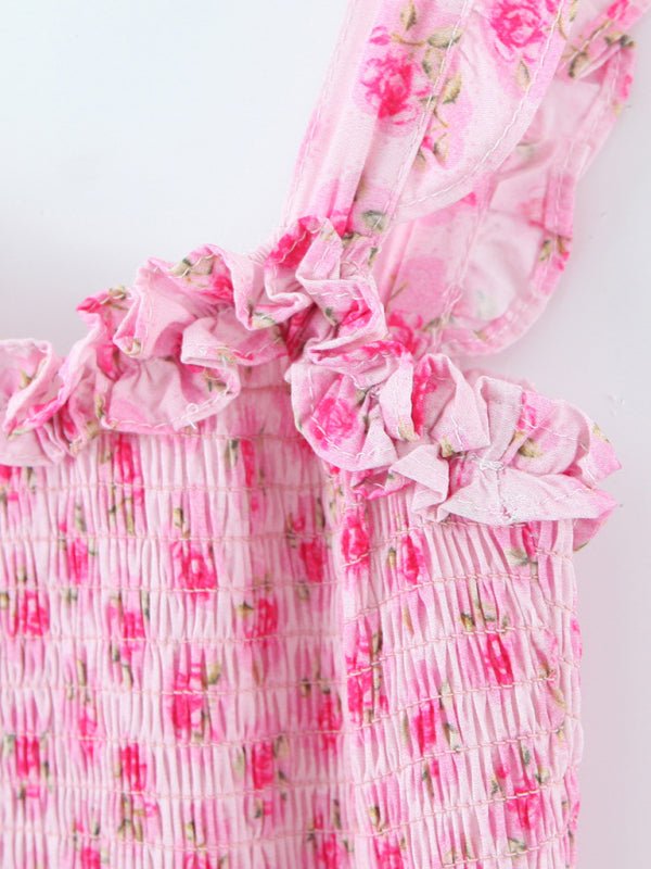 Neues, elastisches Kleid mit rosafarbenen Trägern im französischen Festtagsstil mit Rüschen und mehrlagigem Body