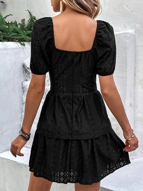 Neues, einfarbiges französisches Retro-Tunika-Kleid mit quadratischem Ausschnitt und Puffärmeln
