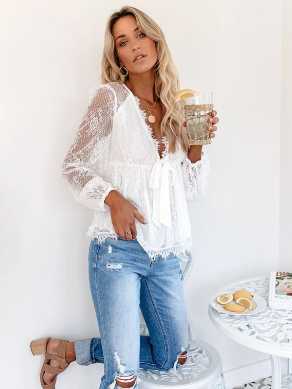 New Lace Embroidery Stitching Lace Bow Tie Long Sleeve Top
