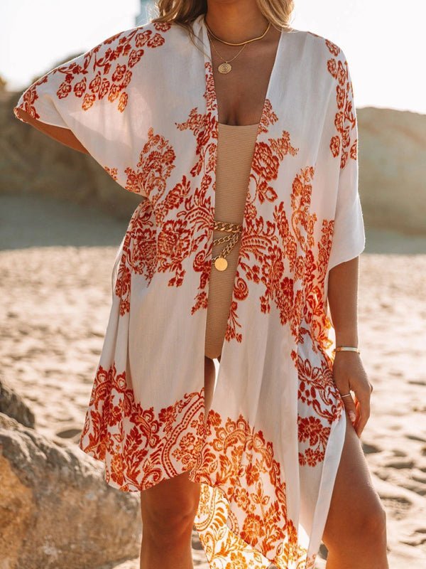 Neue mittellange, geschlitzte, bedruckte Strand-Sonnenschutzbluse aus Chiffon im Urlaubsstil