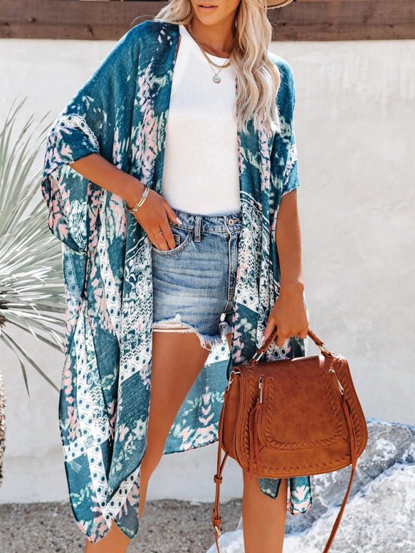 Neue mittellange, geschlitzte, bedruckte Strand-Sonnenschutzbluse aus Chiffon im Urlaubsstil
