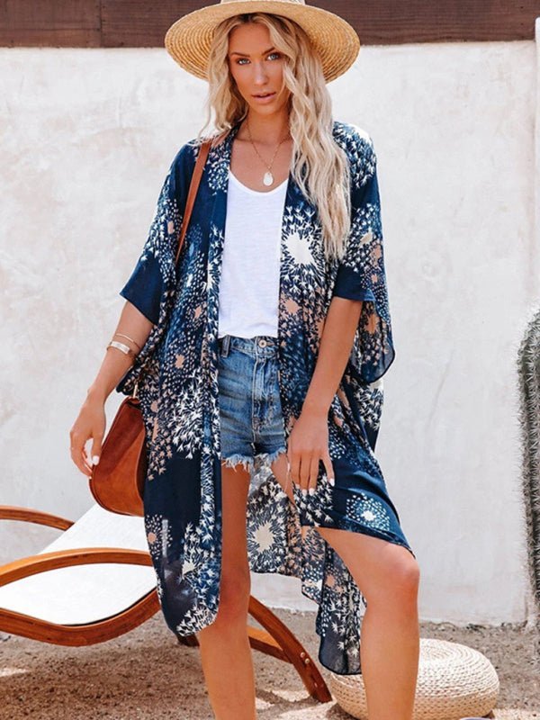 Neue mittellange, geschlitzte, bedruckte Strand-Sonnenschutzbluse aus Chiffon im Urlaubsstil