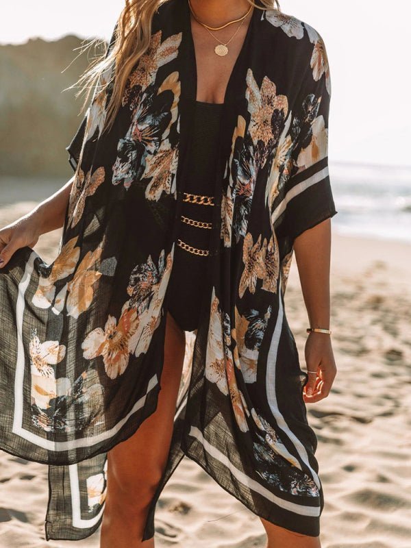 Neue mittellange, geschlitzte, bedruckte Strand-Sonnenschutzbluse aus Chiffon im Urlaubsstil