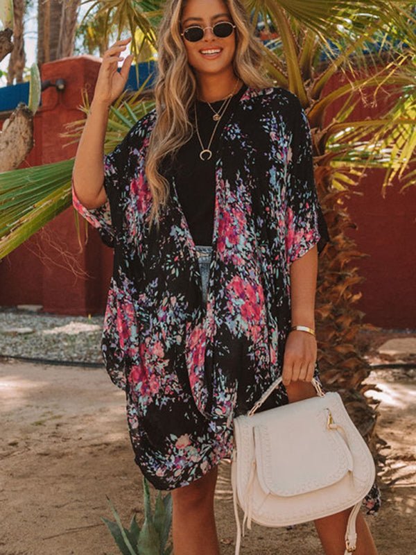 Neue mittellange, geschlitzte, bedruckte Strand-Sonnenschutzbluse aus Chiffon im Urlaubsstil