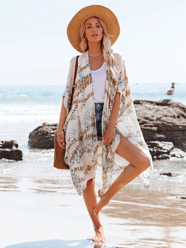 Neue mittellange, geschlitzte, bedruckte Strand-Sonnenschutzbluse aus Chiffon im Urlaubsstil