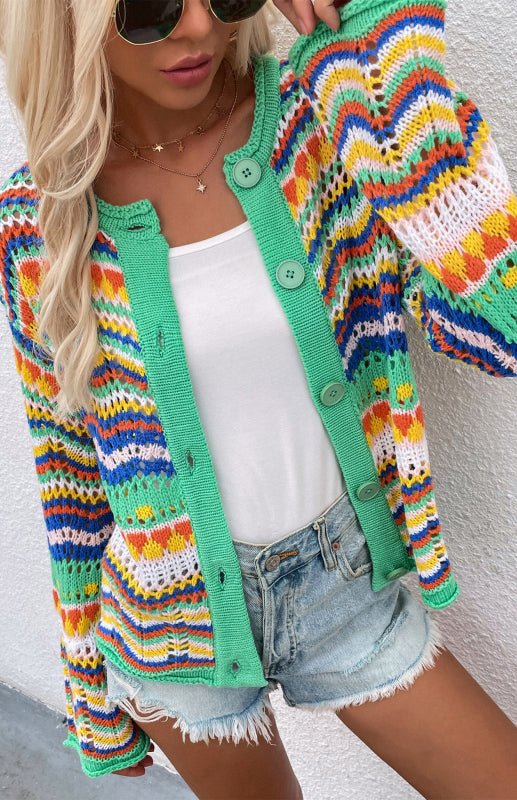 New Striped Loose Rainbow Knitted Cardigan