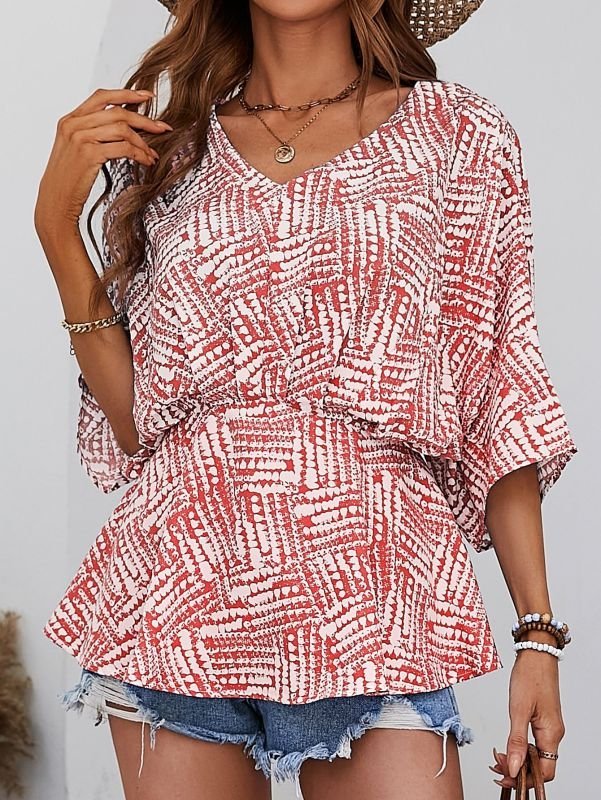 Chemise de style européen et américain, col en v, manches chauve-souris, taille ample, haut imprimé