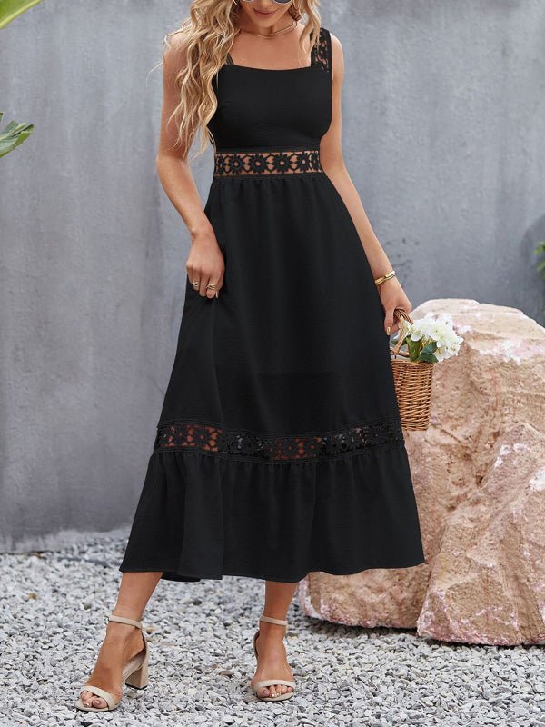 Robe à bretelles sans manches, nouveau style, couleur unie, couture en dentelle creuse, col carré