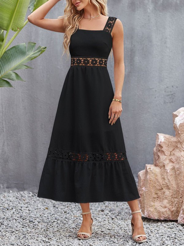 Robe à bretelles sans manches, nouveau style, couleur unie, couture en dentelle creuse, col carré