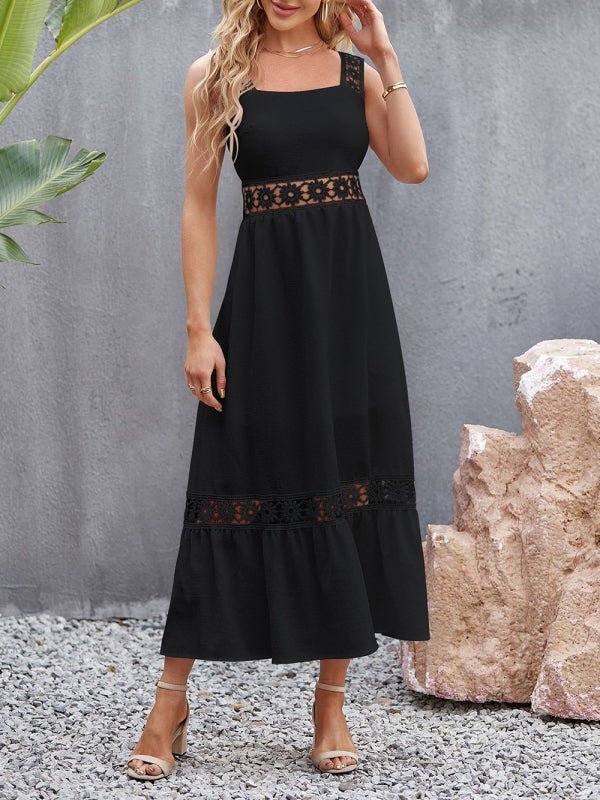 Robe à bretelles sans manches, nouveau style, couleur unie, couture en dentelle creuse, col carré