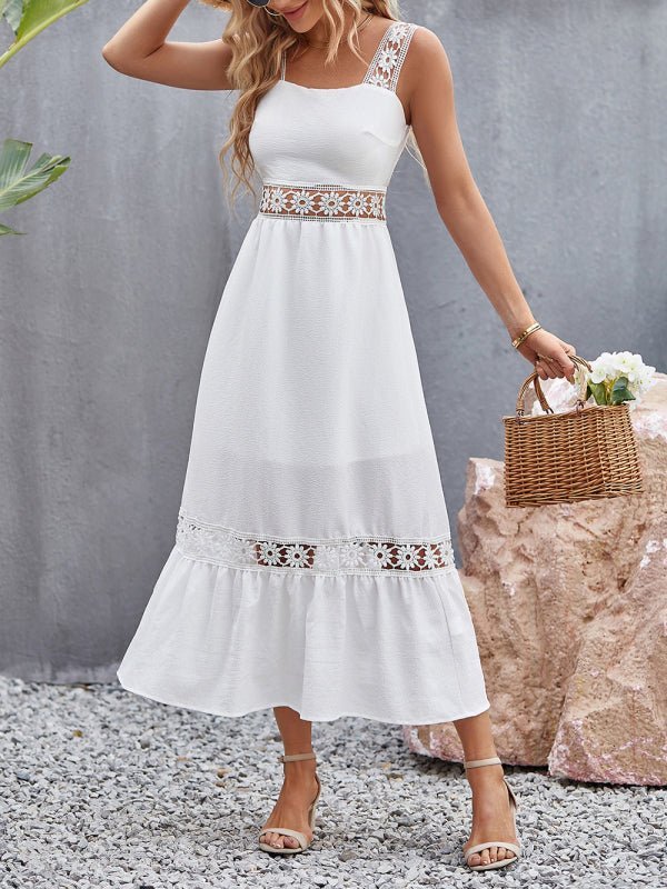 Robe à bretelles sans manches, nouveau style, couleur unie, couture en dentelle creuse, col carré