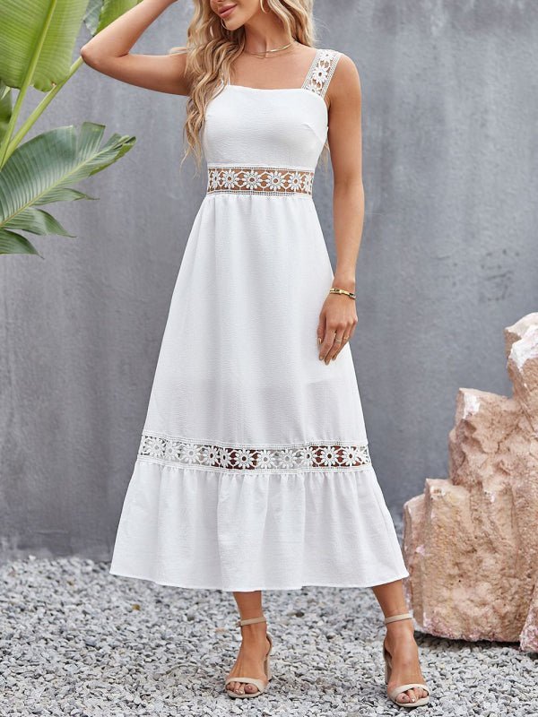 Robe à bretelles sans manches, nouveau style, couleur unie, couture en dentelle creuse, col carré