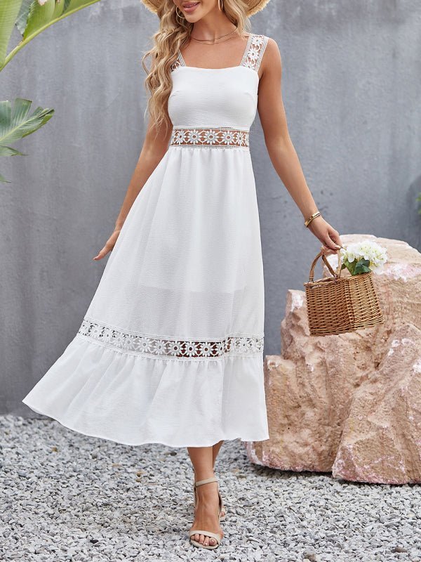 Robe à bretelles sans manches, nouveau style, couleur unie, couture en dentelle creuse, col carré