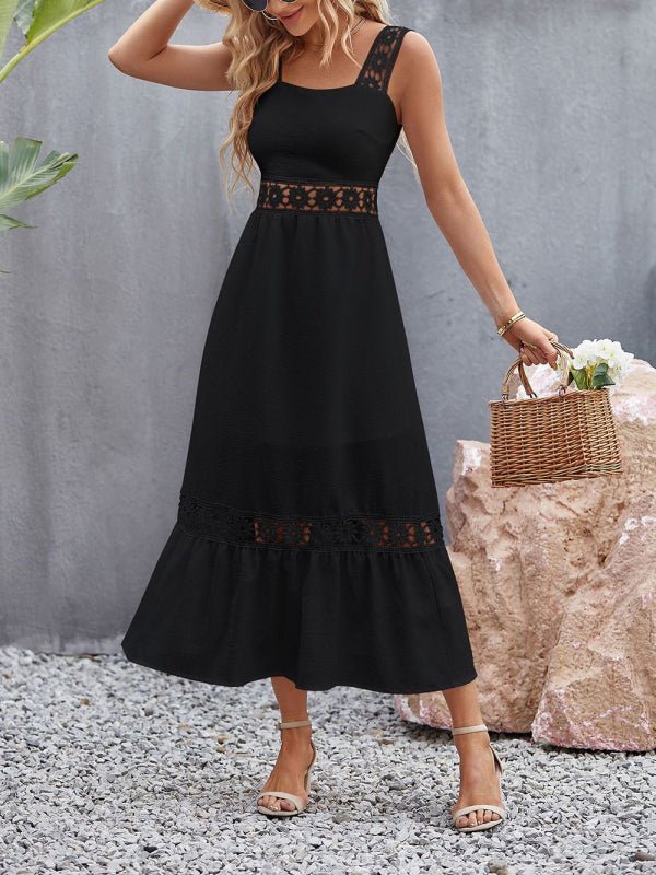 Robe à bretelles sans manches, nouveau style, couleur unie, couture en dentelle creuse, col carré