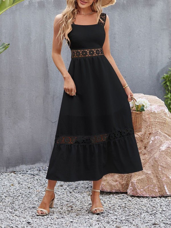 Robe à bretelles sans manches, nouveau style, couleur unie, couture en dentelle creuse, col carré