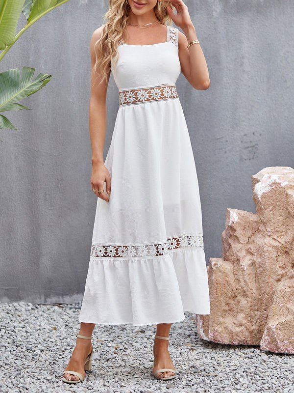 Robe à bretelles sans manches, nouveau style, couleur unie, couture en dentelle creuse, col carré