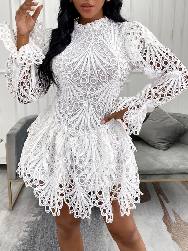 Neues, elegantes, weißes Spitzen-Hohlkleid für Damen