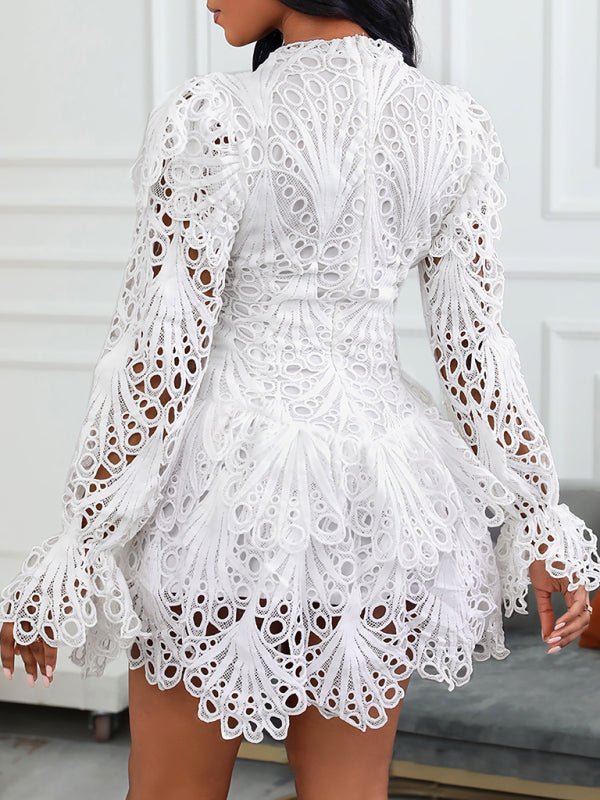 Neues, elegantes, weißes Spitzen-Hohlkleid für Damen
