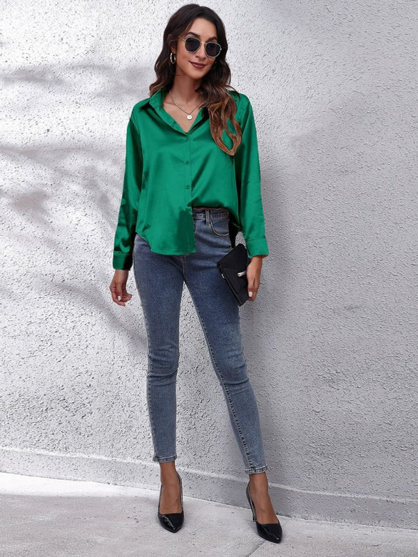 Seding-Shirt Damen-Satin-Seiden-Langarmshirt