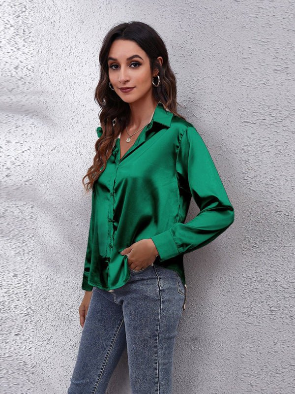 Seding-Shirt Damen-Satin-Seiden-Langarmshirt
