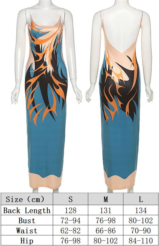 Sexy rückenfreies, schmal geschnittenes Maxikleid mit Sling-Ausschnitt und Print