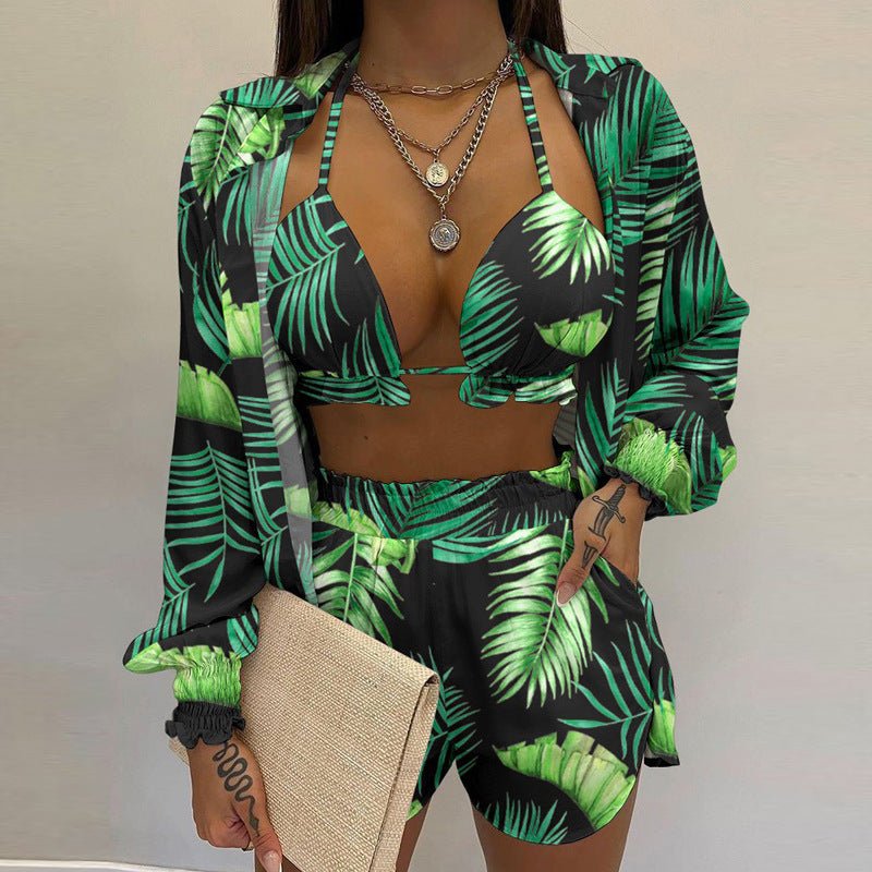 Sexy printed long-sleeved shirt and shorts three-piece suit