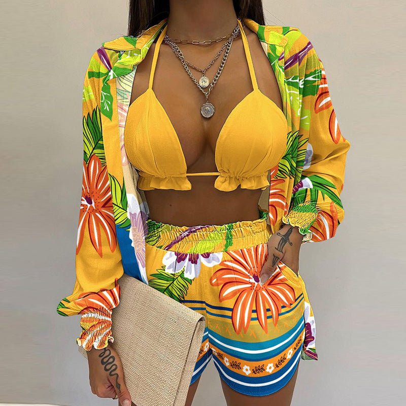 Sexy printed long-sleeved shirt and shorts three-piece suit
