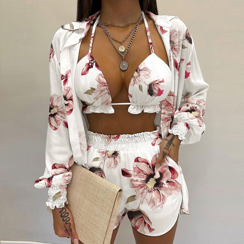 Sexy printed long-sleeved shirt and shorts three-piece suit