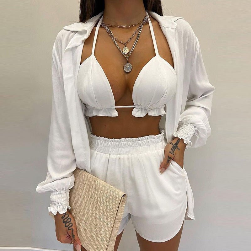 Sexy printed long-sleeved shirt and shorts three-piece suit