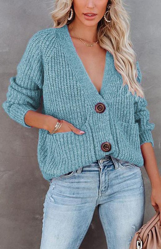 Solid V-Neck Single Breasted Long Sleeved Sweater