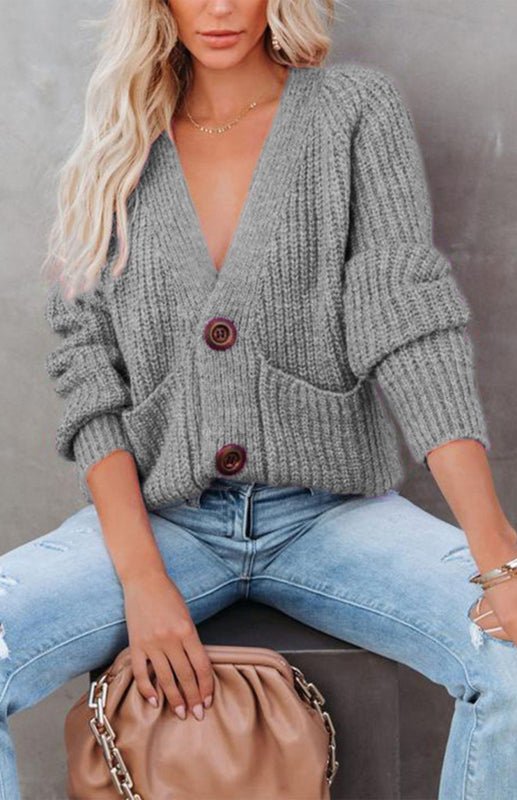 Solid V-Neck Single Breasted Long Sleeved Sweater